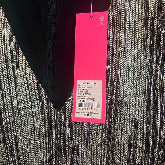 Lilly Pulitzer Racheli Dress 16 Midi Tiered Metallic Gold Berry Striped Ruffle - Picture 4 of 7